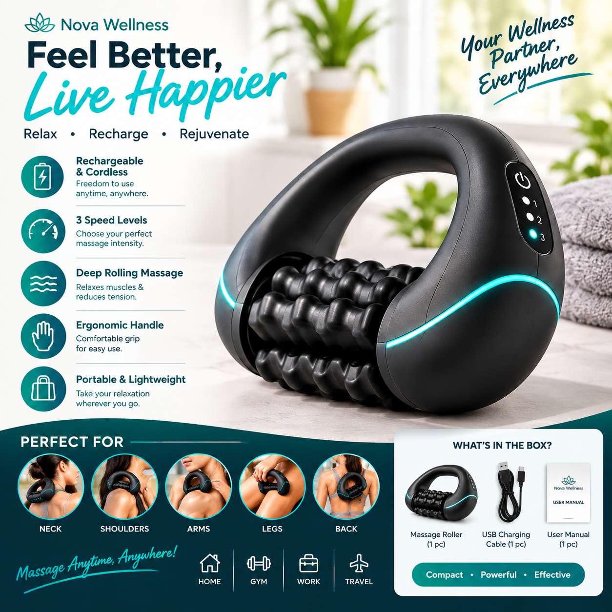 Rechargeable 3-Speed Deep Massage Roller – Relax & Revive Anywhere