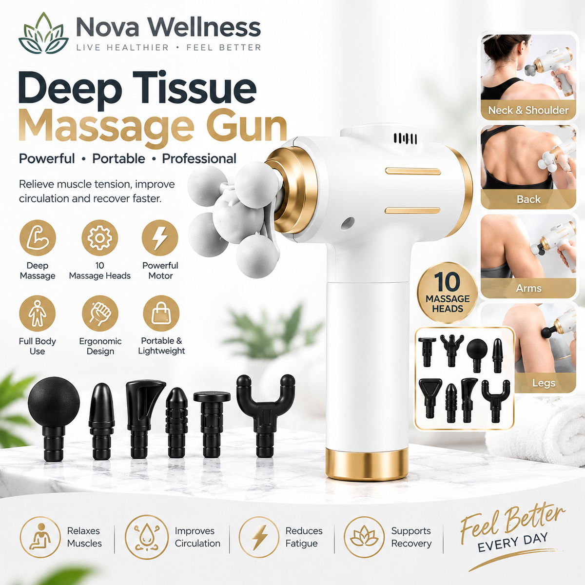 Deep Tissue Massage Gun – 10-Piece Massage Head Set